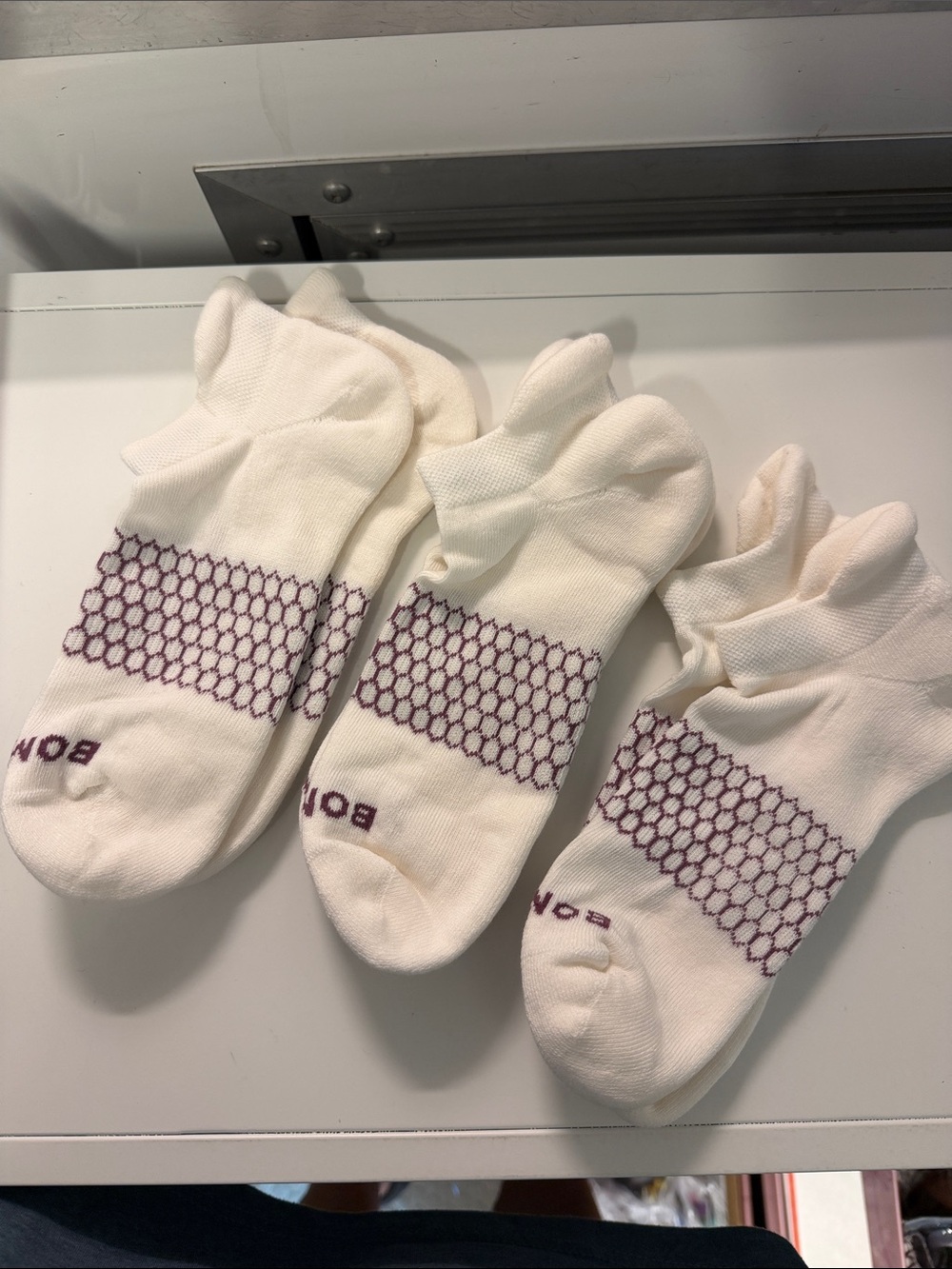 Bombas White Ankle Socks with Purple Honeycomb Band 3 pair